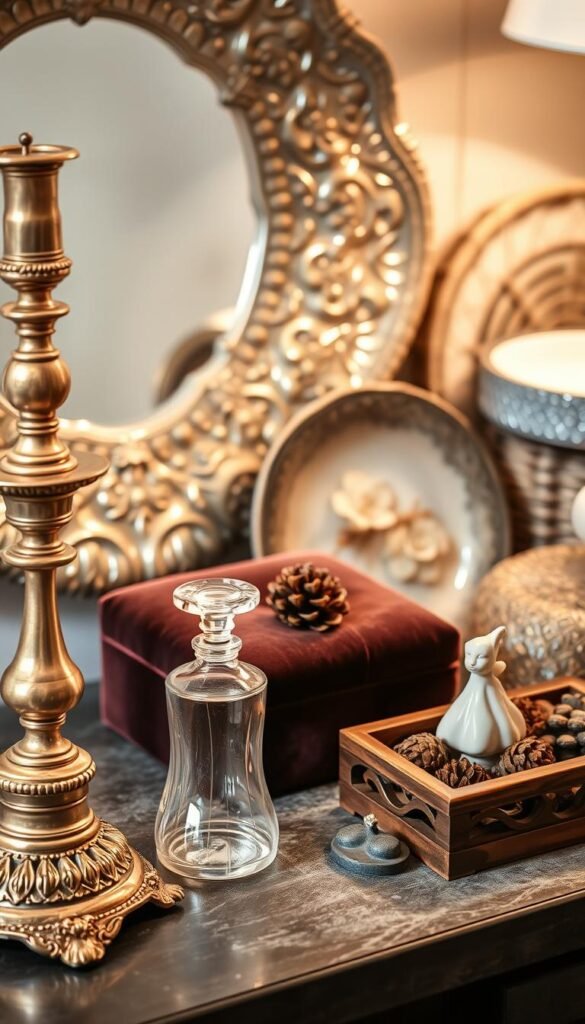 A lavish arrangement of ornamental objects and textural surfaces for a dresser display. In the foreground, an ornate brass candlestick, a vintage glass perfume bottle, and a small porcelain figurine arranged artfully. In the middle ground, a plush velvet jewelry box, a carved wooden trinket tray, and a cluster of natural elements like pinecones and dried flowers. The background features a shimmering metallic tray, a woven basket, and a tactile ceramic dish. Soft, warm lighting illuminates the vignette, casting gentle shadows and highlights to accentuate the luxurious, curated aesthetic. The overall mood is one of sophisticated elegance and attention to detail, perfect for styling a bedroom dresser surface.