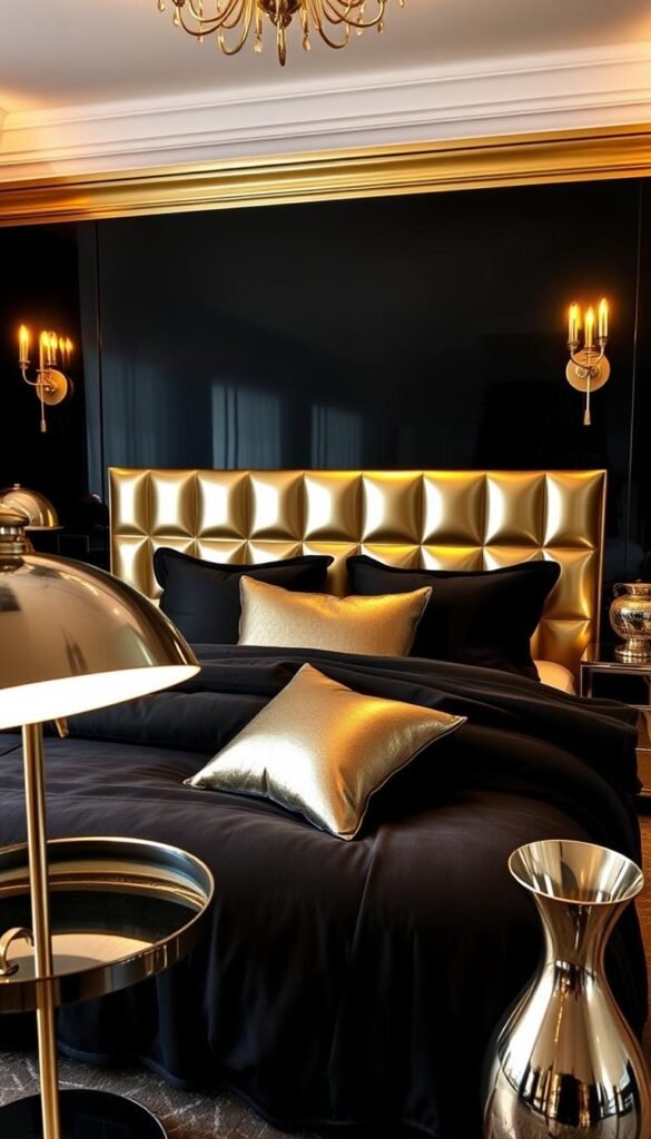 A lavish black-and-gold bedroom with a luxurious, modern aesthetic. The focal point is a sleek, metallic headboard that reflects the soft, warm lighting from sconces mounted on the walls. Shimmering brass accents, such as a mirrored dresser and a metallic side table, add depth and dimension to the space. The polished chrome of a floor lamp casts a gentle glow, illuminating the plush, charcoal-colored bedding. Subtle metallic textures, like a metallic throw pillow and a gleaming metal vase, create visual interest and balance the room's dark color palette. The overall atmosphere is one of sophisticated elegance and refined, contemporary style.