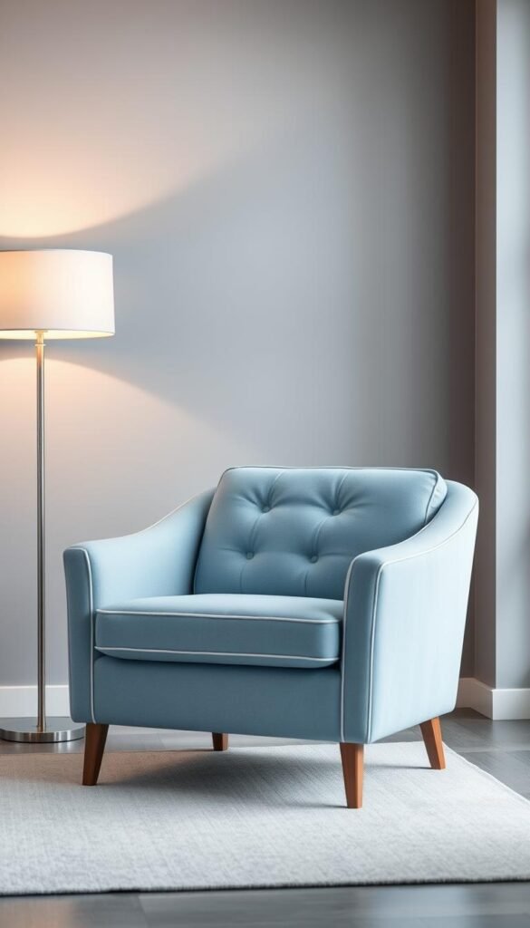 A light blue armchair with subtle white piping accents, set against a minimalist grey living room backdrop. The chair has a sleek, modern silhouette with gently curved armrests and a plush, tufted seat cushion. Soft, diffused lighting from a floor lamp casts a warm glow, creating a cozy and inviting atmosphere. The chair is positioned near a large window, allowing natural daylight to filter in and complement the cool blue tones. The overall scene conveys a sense of refined elegance and a balanced, harmonious color palette.