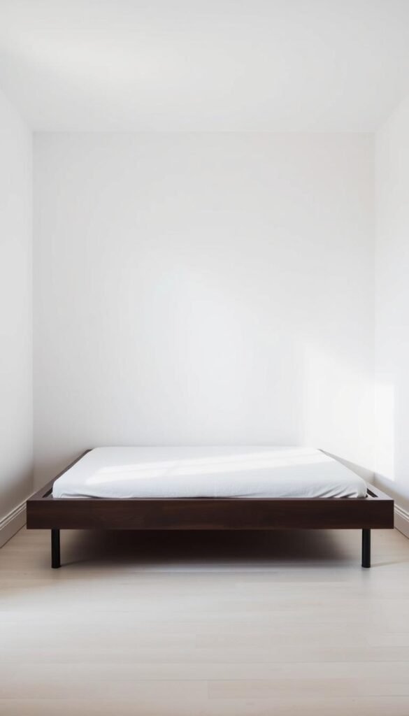 A low-profile, minimalist bed frame in a clean, modern bedroom. The frame is made of dark wood with simple lines and a low, floating design. The room has soft, diffused lighting, creating a serene and calming atmosphere. The bed is positioned against a plain, white wall, allowing the frame to take center stage. The frame's low height and lack of ornate details complement the small, cozy space, giving the room an airy, uncluttered feel. The overall aesthetic is one of understated elegance and functionality, perfectly suited for a mini bedroom.