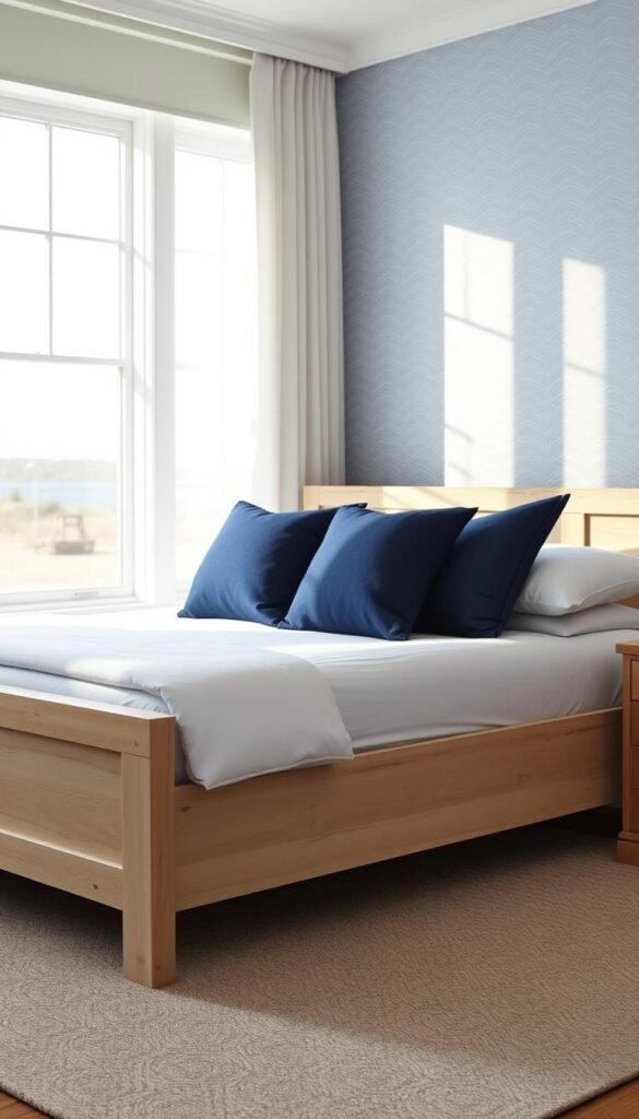 A low-profile, minimalist bed frame in a soft, weathered wood with nautical-inspired accents. Crisp, white linens and navy blue throw pillows create a soothing, coastal ambiance. The bed is bathed in soft, natural lighting from a large window, casting gentle shadows that accentuate the clean lines. In the background, a subtly patterned wallpaper in shades of blue and gray evokes the calming rhythm of ocean waves. The overall scene exudes a serene, laid-back atmosphere perfect for a young boy's bedroom.