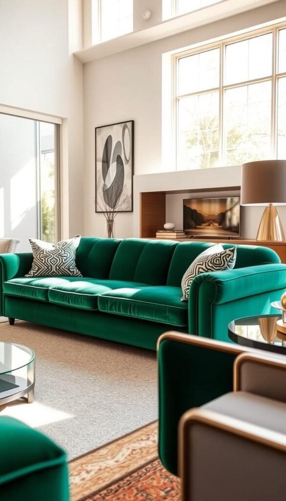 A lush, emerald green sofa sits prominently in a sunlit living room, its plush velvet upholstery reflecting the warm glow of the natural light streaming through large windows. The sofa is framed by sleek, modern furniture and accents in complementary neutral tones, creating a harmonious and inviting space. The room's design exudes a sense of timeless elegance and sophistication, hinting at the sofa's status as a savvy investment piece that will elevate the décor for years to come. The camera captures the scene from a slightly elevated angle, allowing the viewer to appreciate the sofa's commanding presence and the overall balance of the room's design.