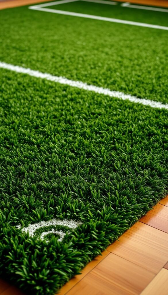 A lush, green soccer-themed rug with crisp, realistic grass texture covers a hardwood floor. The rug is meticulously detailed, with subtle variations in tone and blade length, creating a lifelike appearance. Faint white lines and markings delineate the boundaries of a playing field, complementing the natural aesthetic. Warm, indirect lighting casts a gentle glow, accentuating the textural qualities of the rug. The composition is framed to showcase the rug's central placement, allowing it to serve as the focal point of the scene.