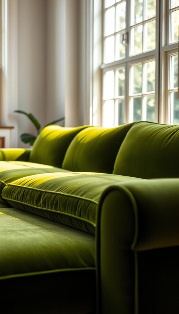 A lush, high-quality green velvet sofa, with a smooth, luxurious surface texture. The plush fabric gently catches the light, creating a warm, inviting glow. The couch is placed in a cozy, well-lit living room setting, with a soft, even illumination from large windows. The lighting is natural and diffused, casting gentle shadows that accentuate the depth and richness of the velvet. The overall atmosphere is one of comfort, elegance, and sophistication, perfectly suited for the "Choosing the Right Textures: Velvet, Leather, and More" section of the article.