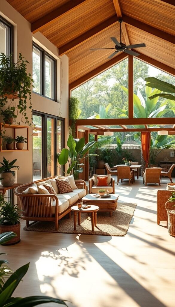 A lush indoor-outdoor living space, with a sprawling open-concept layout that seamlessly blends the interior and exterior. Sunlight filters through large windows and sliding glass doors, illuminating a cozy seating area furnished with plush rattan sofas and modern accent chairs. Potted plants and trailing vines cascade from shelves, adding a touch of verdant greenery. Beyond, a covered patio extends the living space, outfitted with a dining table and wicker chairs. Warm, ambient lighting casts a soft glow, creating an inviting, resort-inspired ambiance. The scene evokes a sense of tranquility and connection with nature, perfectly capturing the essence of tropical living.