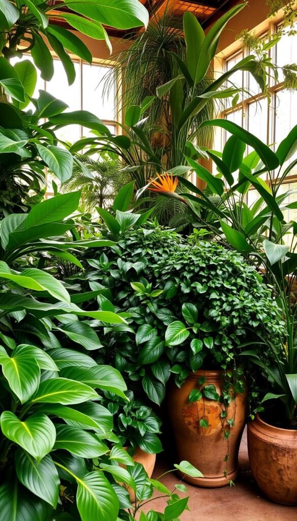 A lush, inviting indoor oasis with a mix of verdant foliage and tactile plant textures. In the foreground, broad-leaved plants like monstera and philodendrons intermingle, their glossy fronds casting dynamic shadows. In the middle ground, clusters of trailing vines spill over ceramic planters, their varied textures complementing the rough-hewn pottery. Towards the back, tall, architectural plants like bird of paradise and fiddle-leaf figs rise up, their shapes silhouetted against a warm, diffused light filtering through large windows. The overall atmosphere is one of tranquil naturalism, inviting the viewer to immerse themselves in this verdant, sensory-rich haven.