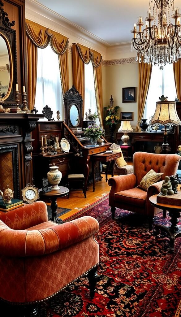 A lush, ornate Victorian living room filled with a variety of antique decorative accessories. In the foreground, a carved wooden mantelpiece with a decorative mirror and candlesticks, a plush velvet armchair, and a side table displaying a vintage vase and ceramic figurines. In the middle ground, a large, intricately patterned Persian rug, a mahogany side table with a stack of leather-bound books, and a floor lamp with a decorative glass shade. The background features tall, curtained windows, a crystal chandelier, and other ornate Victorian furnishings that evoke a sense of timeless elegance and refined aesthetics.