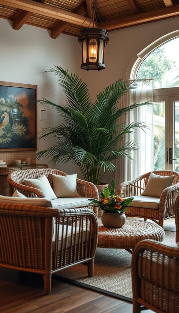 A lush, tropical living room with rattan armchairs, a woven coffee table, and a large potted palm in the corner. Soft, diffused lighting from a hanging lantern illuminates the scene, creating a warm, inviting atmosphere. The furniture is arranged in a harmonious layout, balancing form and function seamlessly. Woven textures, natural wood tones, and pops of greenery evoke a soothing, resort-inspired ambiance. The camera captures the space at a mid-level angle, showcasing the cohesive design and the inviting nature of the tropical furnishings.