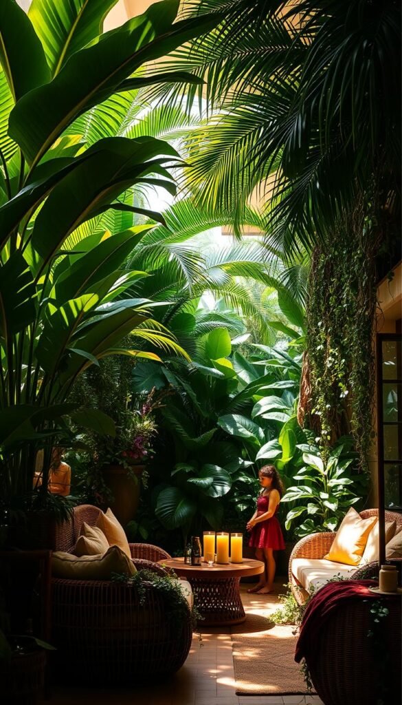 A lush, verdant oasis fills a tropical living space, bathed in warm, diffused natural light. Vibrant, oversized leaves of towering palms and exotic foliage cascade from towering planters, creating a verdant, immersive atmosphere. Delicate ferns and trailing vines spill over rattan furniture, blending seamlessly with the space. Soft, dappled shadows dance across the room, complemented by the gentle glow of candlelight. The overall scene evokes a serene, resort-inspired ambiance, transporting the viewer to a lush, sun-drenched sanctuary.
