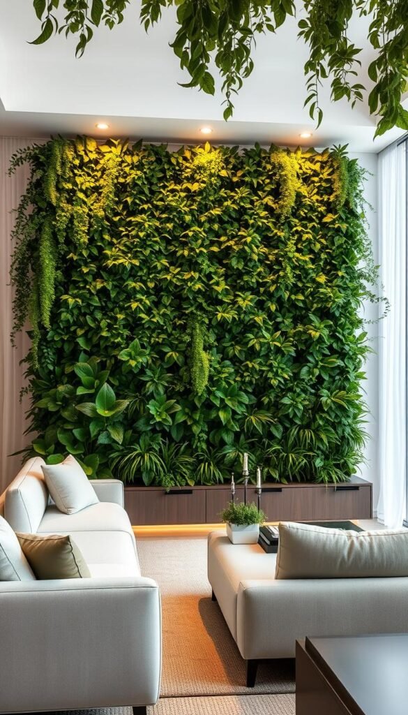 A lush, verdant plant wall divider takes center stage in this serene and tranquil living room. The wall is adorned with a meticulously arranged array of thriving greenery, creating a natural and calming ambiance. Soft, diffused lighting filters through the foliage, casting a warm, inviting glow throughout the space. The plant wall seamlessly integrates with the elegant, minimalist furniture, blending nature and modern design. The scene exudes a sense of harmony, where the indoor and outdoor worlds converge, creating a serene oasis within the larger living area.