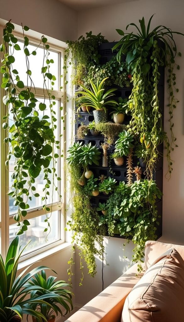 A lush, vertical garden thriving in a small indoor space. Cascading vines, trailing succulents, and vibrant foliage adorn a modular, wall-mounted planter system. Warm, natural lighting filters through large windows, casting a soft glow on the verdant arrangement. The composition utilizes every inch of available vertical real estate, showcasing how to maximize greenery in a compact living area. Carefully curated plant varieties in varying shapes, textures, and colors create visual interest and a sense of depth. This serene, nature-inspired scene embodies the perfect balance of form and function for a fresh, inviting living room aesthetic. A lush, vertical garden thriving in a small indoor space. Cascading vines, trailing succulents, and vibrant foliage adorn a modular, wall-mounted planter system. Warm, natural lighting filters through large windows, casting a soft glow on the verdant arrangement. The composition utilizes every inch of available vertical real estate, showcasing how to maximize greenery in a compact living area. Carefully curated plant varieties in varying shapes, textures, and colors create visual interest and a sense of depth. This serene, nature-inspired scene embodies the perfect balance of form and function for a fresh, inviting living room aesthetic.
