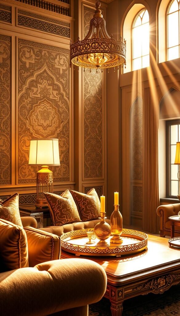 A luxurious Arabian living room with rich, golden accents that emanate warmth and opulence. The foreground features a plush, tufted sofa adorned with intricately patterned golden pillows. Ornate golden lamps with intricate filigree cast a soft, ambient glow, illuminating the room. In the middle ground, a grand, wooden coffee table is topped with a golden tray holding decorative vases and candles. The background showcases detailed, arabesque-inspired wall panels in a muted color palette, complementing the golden elements. Beams of warm, golden light stream in through tall, arched windows, creating a cozy, inviting atmosphere. The overall scene conveys a sense of timeless elegance and refinement.