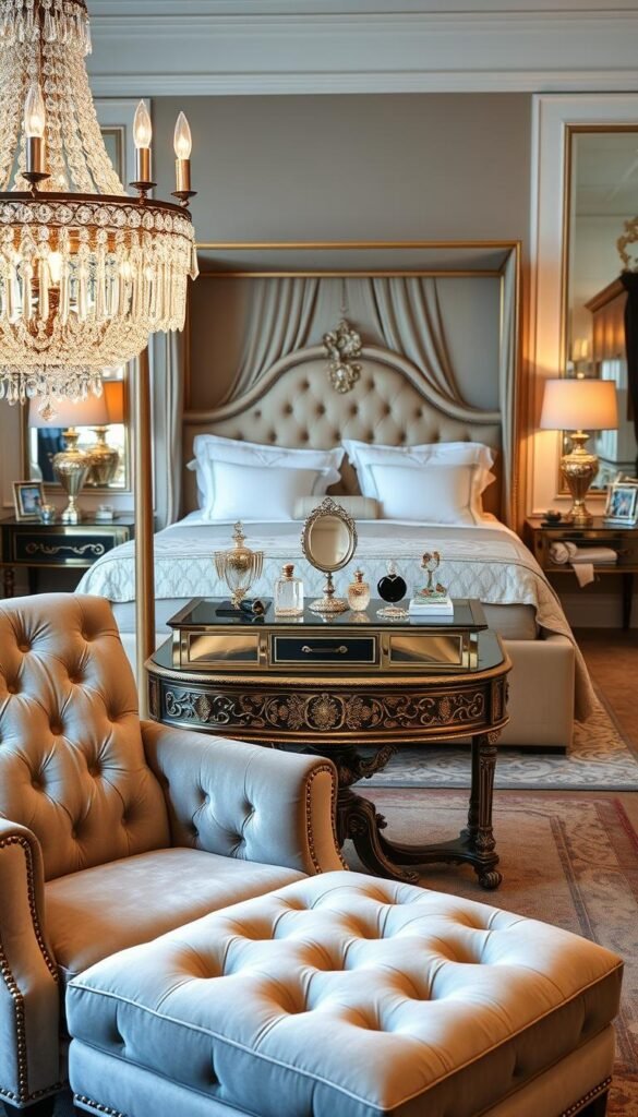 A luxurious and tasteful bedroom arrangement showcasing an elegant selection of accessories. In the foreground, a plush, velvet-upholstered armchair sits alongside a tufted, rectangular ottoman. On a nearby ornate side table, a crystal chandelier casts a warm, inviting glow. In the middle ground, a sleek, mirrored vanity displays an array of glass perfume bottles and jewelry pieces. The background features a grandiose, four-poster bed draped in luxurious linens, flanked by matching nightstands holding decorative table lamps. The overall scene conveys a sense of refined sophistication and refined style.