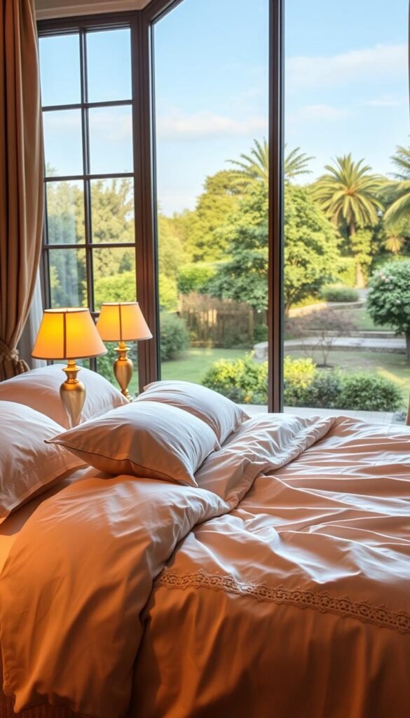A luxurious bedroom scene with a plush, inviting king-size bed dressed in high-quality, cream-colored linens. The bedding features a silky duvet cover, fluffy down pillows, and a delicate lace trim. Warm lighting from a pair of brass table lamps casts a soft, cozy glow over the space. In the background, a large window overlooking a serene, lush garden offers a tranquil, nature-inspired view. The overall atmosphere exudes a sense of relaxation and refined elegance.