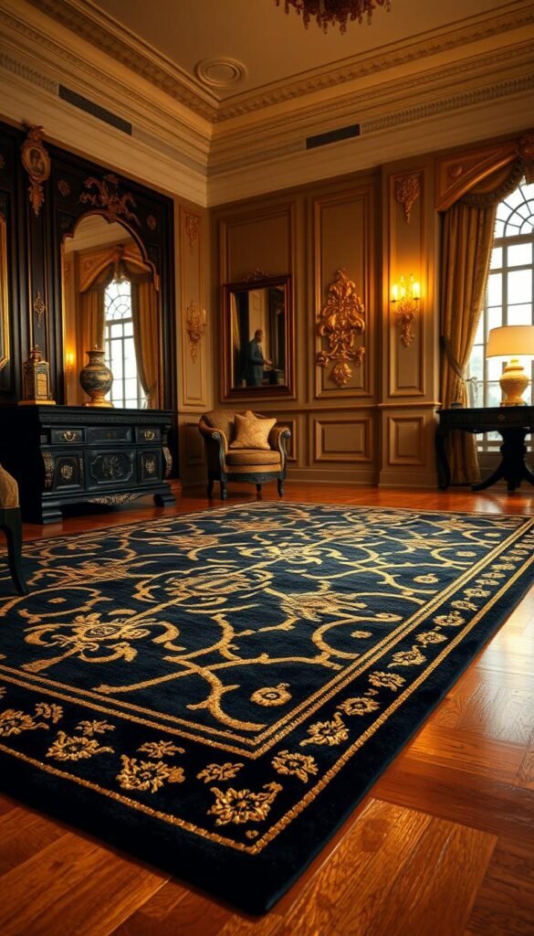 A luxurious black and gold rug lies on a polished hardwood floor, bathed in warm, diffused lighting that casts a golden glow. The rug's intricate geometric patterns and subtly shimmering threads create a sophisticated, opulent aesthetic. Plush and inviting, the rug anchors the space, drawing the eye and setting the tone for a refined, elegant living room. Ornate golden accents and dark wood furnishings complement the rug's timeless design, while strategically placed lighting fixtures highlight its textural and tonal depth. This lavish, high-contrast piece serves as the visual centerpiece, elevating the entire room with its sumptuous, timeless appeal.