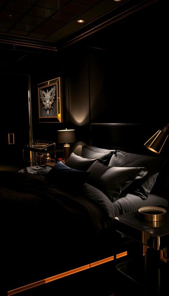 A luxurious black bedroom, softly lit with warm accents. Sleek, low-profile furniture with gleaming metallic trim and hardware. Plush black linens and textiles, subtly reflecting the light. Metallic side tables and lamps cast a gentle glow, adding a touch of glamour. Mirrored surfaces and a metallic-framed wall art piece amplify the sense of depth and sophistication. Dramatic shadows and highlights create a chiaroscuro effect, emphasizing the bold, modern aesthetic. The atmosphere is serene yet elevated, a harmonious balance of dark, moody tones and shimmering metallics.