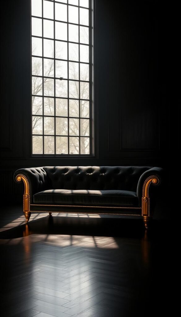 A luxurious black velvet sofa rests in the center of the frame, its plush surface reflecting the warm glow of gold accents. Delicate gilded details adorn the sofa's arms and legs, creating an elegant and opulent contrast. The sofa is positioned in a dimly lit, high-ceilinged room, with soft, diffused lighting filtering in from a large window, casting a warm, inviting ambiance. The walls are painted in a deep, moody shade of black, heightening the drama and sophistication of the space. Subtle shadows and highlights accentuate the depth and texture of the velvet, while the gold accents glimmer and sparkle, drawing the eye and commanding attention. This serene, sumptuous scene sets the stage for a luxurious, elegant living space.