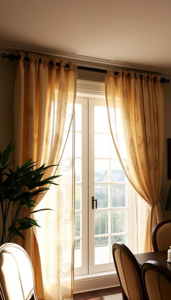 A luxurious dining room with an elegant window treatment. Sheer linen curtains in a soft, neutral hue gently sway in the warm, ambient lighting. Intricate embroidered patterns add a touch of refinement. A wrought-iron curtain rod and tiebacks complement the room's timeless aesthetic. The window overlooks a picturesque outdoor scene, blurring the boundary between indoors and out. Lush potted plants flank the window, creating a natural, earthy contrast. The overall mood is one of refined sophistication, perfect for an intimate gathering or formal dinner party.