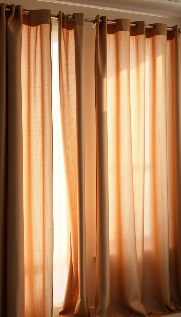 A luxurious fabric curtain divider gently flowing in a softly lit room, creating a warm and inviting ambiance. The elegant drapes in a rich, muted color palette gracefully cascade from a sleek, modern curtain rod, subtly delineating the space. Delicate folds and textures add depth and visual interest, while the fabric's subtle sheen reflects the room's carefully curated lighting. The curtain's placement effortlessly defines the boundaries of the space, providing a sense of privacy and comfort without sacrificing openness. An air of refined sophistication pervades the scene, making it an alluring focal point for any high-end living room design.