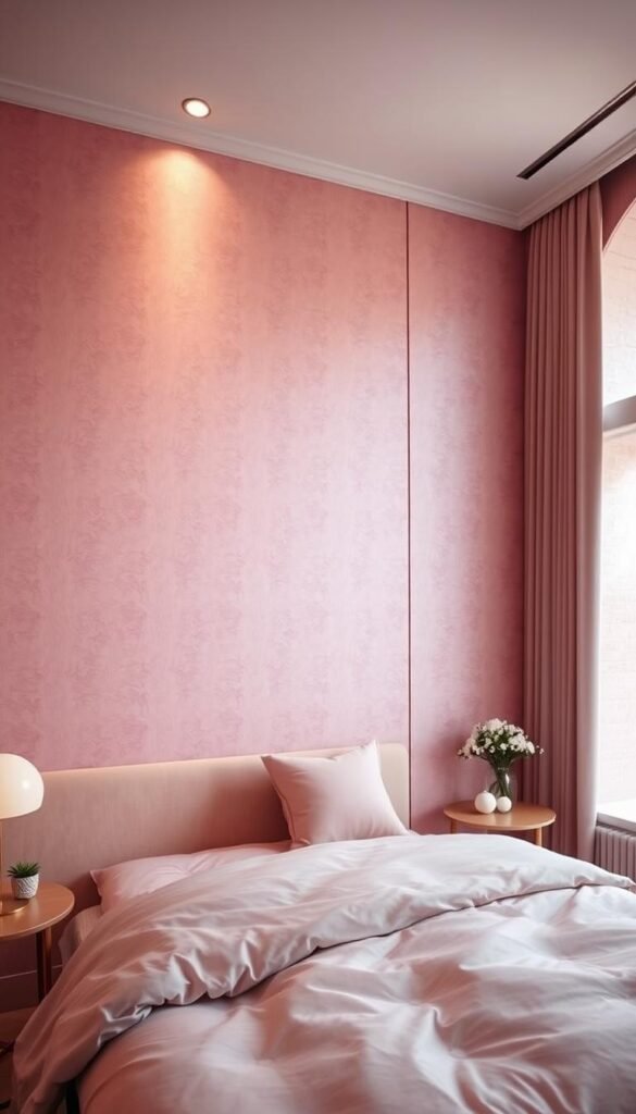 A luxurious, feminine bedroom with an elegant pink wall treatment. The walls are adorned with a delicate, textured wallpaper in a soft, dusty rose hue, creating a serene and sophisticated atmosphere. The lighting is warm and diffused, casting a gentle glow that highlights the subtle nuances of the wall surface. The angle is slightly elevated, capturing the full height of the walls and emphasizing the refined, sophisticated nature of the design. The overall mood is one of understated elegance, where the pink tones evoke a sense of timeless, grown-up glamour.