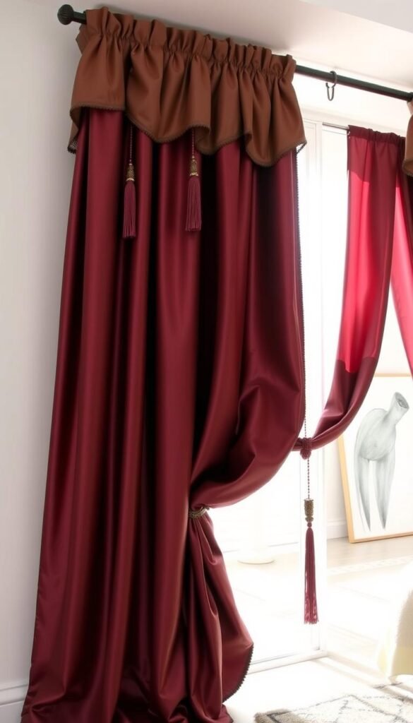 A luxurious, flowing pair of elegant bedroom curtains, softly billowing in the natural light streaming through a large window. The curtains are made of a high-quality, shimmering satin material in a rich, deep burgundy hue. Thick, ornate tassels and a delicate pleated valance add to the luxurious, sophisticated aesthetic. The curtains are expertly hung from a wrought-iron curtain rod, framing the view of a serene, minimalist bedroom interior with white walls, a plush area rug, and a statement piece of contemporary artwork. The overall mood is one of refined elegance and tranquility.