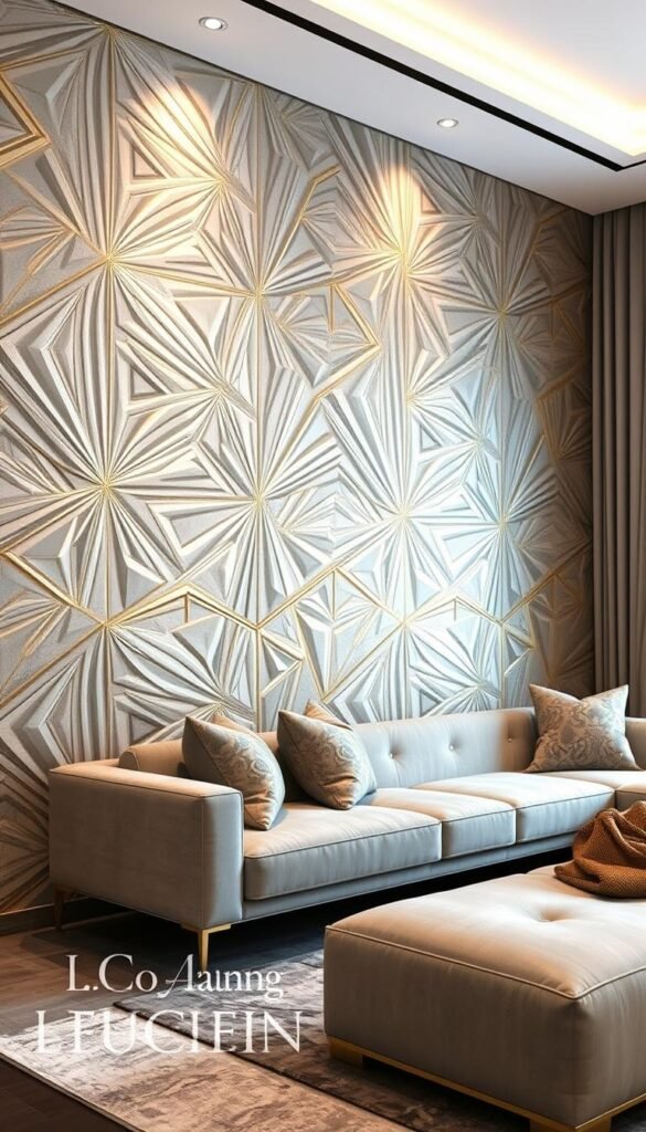 A luxurious, geometric pattern adorns the walls of a sophisticated gray and gold living room. The design features clean, angular lines in a muted, metallic palette, creating a sense of elegance and refinement. Soft, diffused lighting casts a warm glow, highlighting the intricate textures and shimmering accents. The patterns flow seamlessly from the walls to the matching decor elements, unifying the space with a cohesive, high-end aesthetic. This captivating visual interplay of shapes and hues evokes a tranquil, yet impactful atmosphere, perfect for a living room that exudes luxury and style.