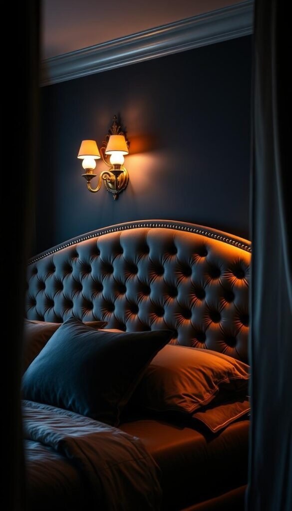 A luxurious, glamorously-styled statement headboard in a cozy, dimly-lit bedroom. The headboard features a plush, velvet-upholstered design with deep button tufting and metallic nail head trim. Soft, warm lighting emanates from sconces mounted on the wall above, casting a romantic glow across the headboard's intricate texture. Lush, cascading draperies frame the scene, hinting at a lavish, high-end aesthetic. The headboard is the focal point, drawing the eye and commanding attention in this elegant, indulgent space.