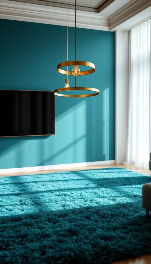 A luxurious gold pendant light fixture cascades its warm glow over a plush teal area rug, creating a cozy and inviting ambiance in a high-end living room. The pendant's sleek, contemporary design complements the room's sophisticated color palette, with the teal rug anchoring the space and providing a rich, jewel-toned backdrop. Soft shadows dance across the rug's textured surface, adding depth and dimension to the scene. The lighting casts a gentle, flattering illumination, highlighting the room's elegant furnishings and decor. This harmonious blend of teal and gold tones exudes an air of opulence and refinement, setting the stage for a serene and welcoming living environment.