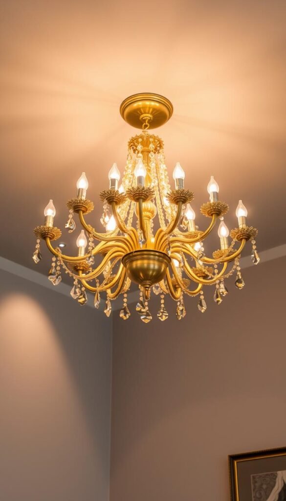 A luxurious gold-toned chandelier casts a warm, radiant glow against a sleek, matte-gray ceiling. The fixture's intricate design features cascading metallic accents that catch the light, creating a mesmerizing play of shadows and reflections. Elegantly positioned in the center of the room, the lighting draws the eye upwards, elevating the space with a sense of timeless sophistication. Soft, diffused illumination bathes the surrounding area, imbuing the atmosphere with a cozy, inviting ambiance that perfectly complements the refined color palette.
