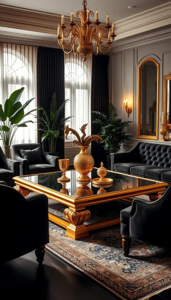 A luxurious gold-trimmed coffee table is the centerpiece of this elegant living room. Soft, warm lighting bathes the space, casting a cozy, inviting glow. The table's gleaming gilt edging reflects the light, adding an opulent sheen. Plush velvet armchairs and a deep, tufted sofa in a rich palette of blacks and golds surround the table, creating a harmonious color scheme. Ornate metallic accents, such as a gilded vase and candle holders, echo the table's luxurious style. Lush potted plants and a statement chandelier complete the lavish, sophisticated ambiance, perfectly capturing the essence of black and gold decor.