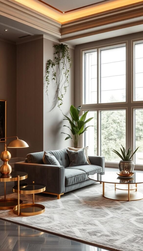 A luxurious living room adorned with a harmonious blend of warm gray tones and opulent gold accents. In the foreground, a plush velvet sofa in a soft charcoal hue is complemented by sleek golden side tables and a sculptural floor lamp with a gilded base. The middle ground features a lavish area rug with a subtle geometric pattern, echoing the sophisticated palette. Trailing vines and potted greenery add natural warmth, while the background showcases floor-to-ceiling windows that allow an abundance of soft, natural light to flood the space, casting a serene and inviting ambiance. The overall scene exudes a sense of refined elegance and timeless luxury.