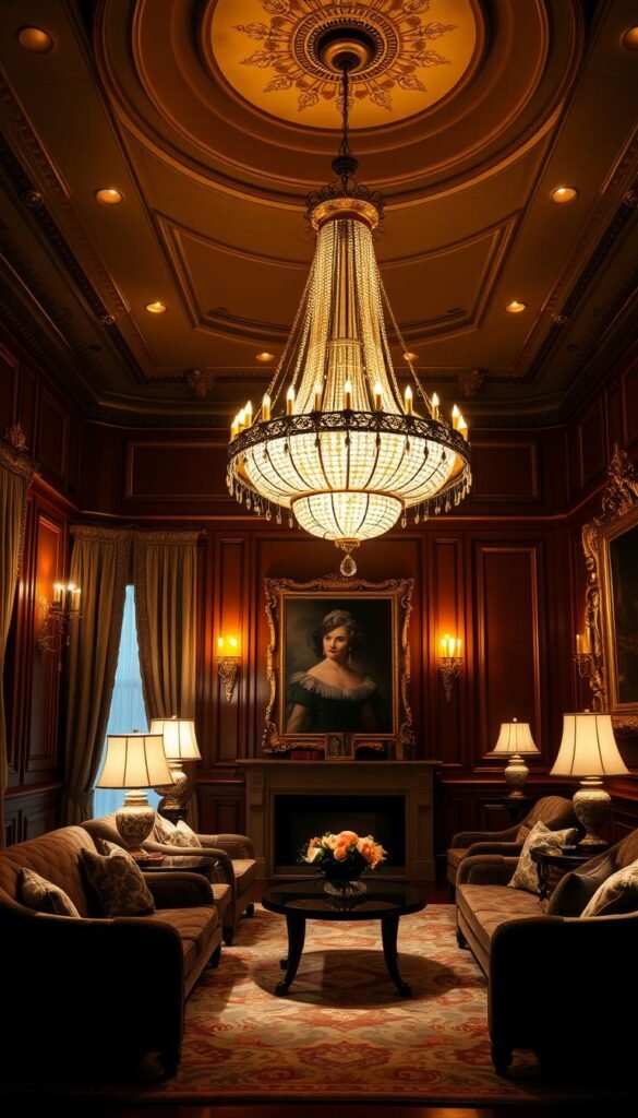 A luxurious living room bathed in warm, inviting lighting. A large, ornate chandelier casts a soft, ambient glow, complemented by strategically placed sconces and table lamps. The room's opulent décor, including plush velvet furnishings, rich wood paneling, and ornate gilt-framed artwork, is highlighted by the carefully curated lighting design. Dramatic shadows and highlights accentuate the room's architectural features, creating an atmosphere of refined elegance and sophistication. The lighting effortlessly blends function and form, elevating the space to a level of unparalleled luxury.
