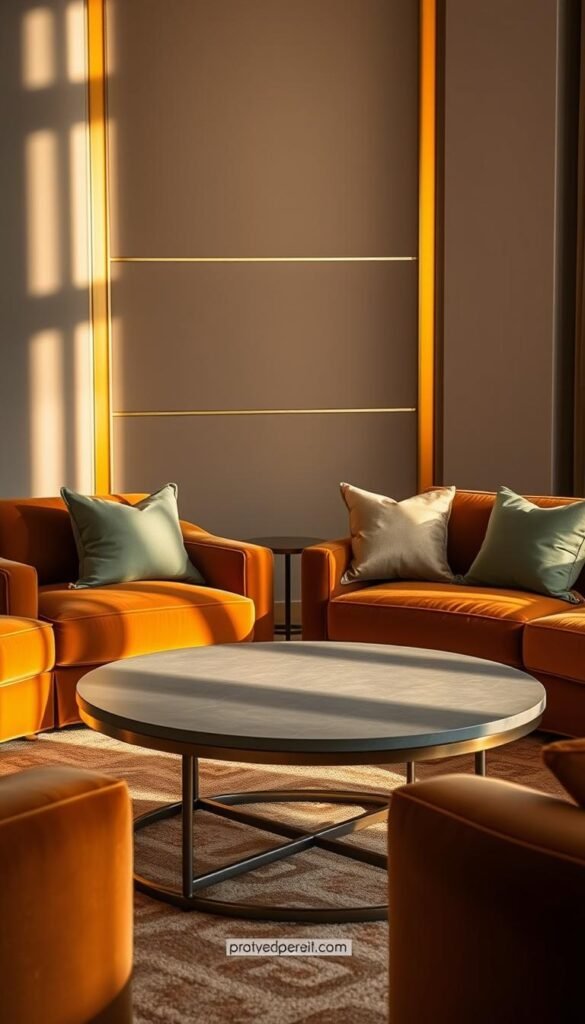 A luxurious living room in earthy tones, bathed in warm, golden light. The focus is a elegant coffee table with a sleek metallic frame, supporting a smooth, muted ceramic surface. Surrounding it, plush velvet sofas in shades of ochre and sage, accented by metallic throw pillows that shimmer subtly. In the background, a feature wall with a linear pattern of brushed brass trim, casting a gentle glow. The overall atmosphere is one of refined sophistication, where natural textures and metallic accents create a harmonious, serene ambiance.