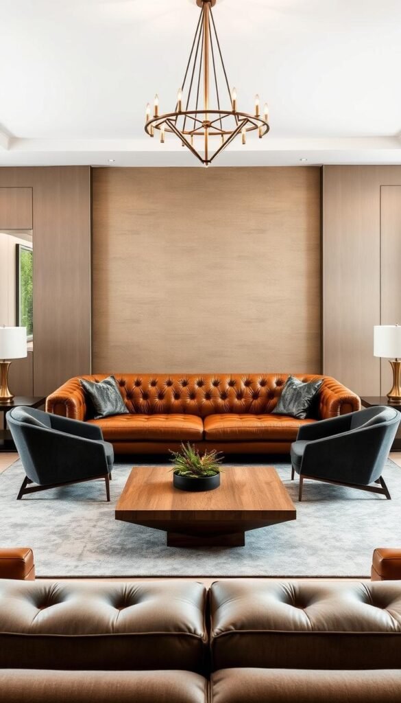 A luxurious living room showcasing a carefully curated selection of statement furniture. In the foreground, a plush, deep-tufted leather sofa in a rich cognac hue takes center stage, its inviting presence commanding attention. Flanking the sofa, a pair of sleek, angular armchairs in a muted charcoal fabric exude modern sophistication. In the middle ground, a low-slung, solid oak coffee table with a minimalist, geometric design adds a touch of organic warmth. Overhead, a modern, sculptural chandelier casts a warm, ambient glow, complementing the soft, natural lighting flooding the space from large, floor-to-ceiling windows. The background features a textured, neutral-toned accent wall, providing a calming backdrop for the luxurious furnishings.