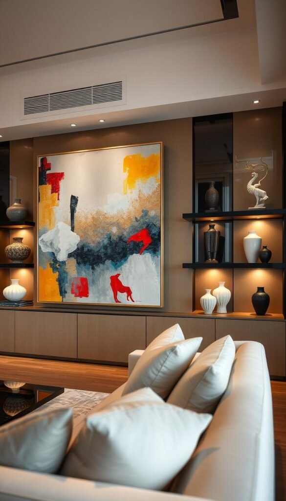 A luxurious living room showcasing a stunning array of art and decor elements. In the foreground, a large abstract canvas commands attention, its bold brushstrokes and vibrant colors setting the tone for the space. Meticulously placed on sleek, modern shelves, a collection of rare ceramics, sculptures, and artful vases add depth and texture to the scene. Soft, warm lighting from hidden sources casts a gentle glow, highlighting the intricate details and creating an inviting, almost ethereal atmosphere. The overall composition strikes a perfect balance between refined elegance and a touch of artistic flair, perfectly reflecting the modern luxury condo living experience.