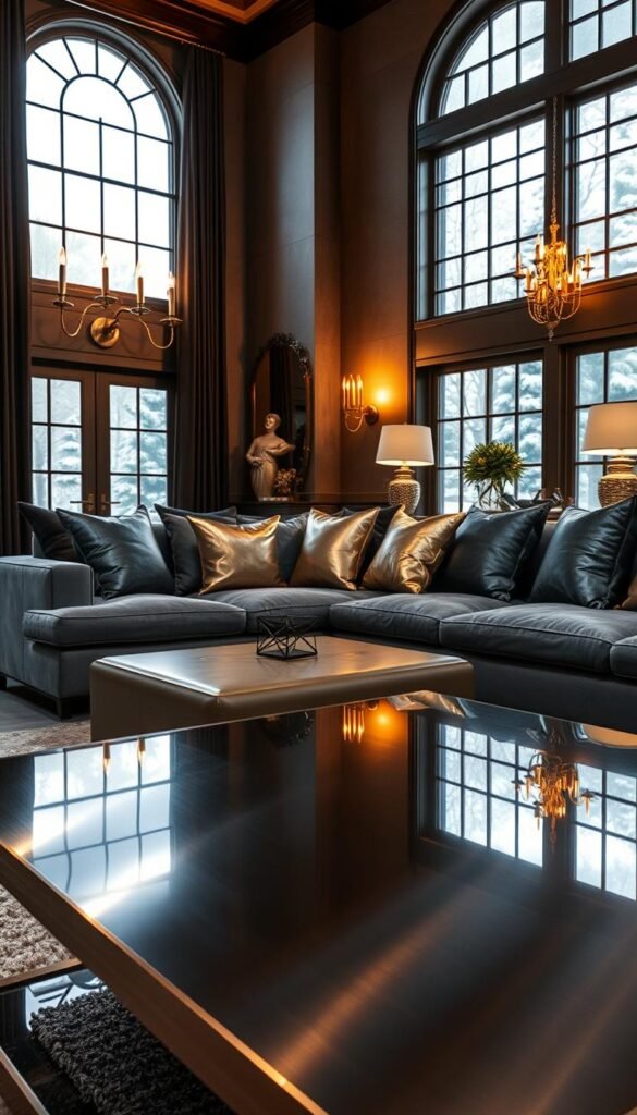 A luxurious living room showcasing a stunning collection of metallic accents, bathed in warm, diffused lighting from large windows. In the foreground, a sleek, modern coffee table with a polished chrome or brushed brass finish reflects the ambient light. On the middle-ground, a plush gray sectional sofa is adorned with metallic throw pillows in a range of shimmering copper, gold, and silver tones. In the background, metallic wall sconces and table lamps cast a soft, warm glow, complementing the rich, moody hues of the room. Hints of metallics are woven throughout, adding a touch of refined elegance and sophistication to the cozy, inviting space.