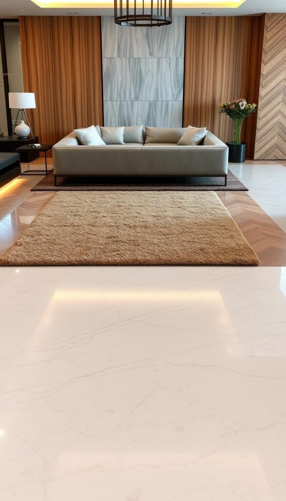 A luxurious living room showcasing a variety of modern flooring options. In the foreground, a sleek, polished marble floor reflects the warm, ambient lighting. In the middle ground, a plush, textured area rug in a rich, earthy tone complements the natural wood paneling on the walls. In the background, a stunning herringbone hardwood floor seamlessly transitions into a smooth, polished concrete surface, creating a harmonious blend of textures and materials. The overall scene exudes a sense of refined elegance and sophisticated design, perfectly capturing the essence of modern luxury living.