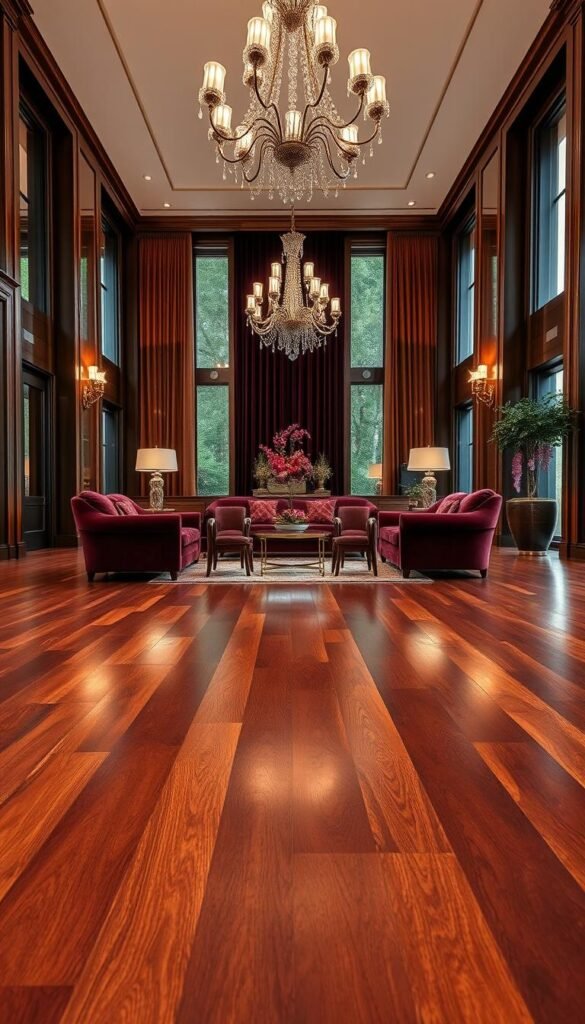 A luxurious living room with a stunning hardwood floor in the foreground. The wood has a rich, glossy finish, reflecting the warm lighting from elegant chandeliers above. In the middle ground, plush velvet furniture in a deep burgundy hue complements the flooring, creating a cozy and inviting atmosphere. The background showcases floor-to-ceiling windows, allowing natural light to flood the space and highlight the premium quality of the flooring. An overall sense of sophistication and refined elegance permeates the scene, showcasing the timeless beauty and unparalleled benefits of investing in luxury flooring.