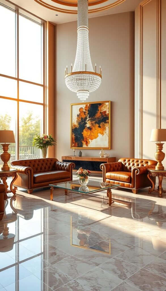 A luxurious living room with a stunning marble floor that reflects the warm glow of the sun filtering through large, floor-to-ceiling windows. The foreground features a plush, tufted leather sofa and matching armchair arranged around a sleek, glass-topped coffee table. Ornate, gold-trimmed side tables flank the seating area, while a large, abstract painting hangs on the wall, casting a soft, ambient light. In the background, a grand, crystal chandelier illuminates the space, creating a sense of opulence and sophistication. The overall atmosphere is one of elegance, comfort, and refined living.