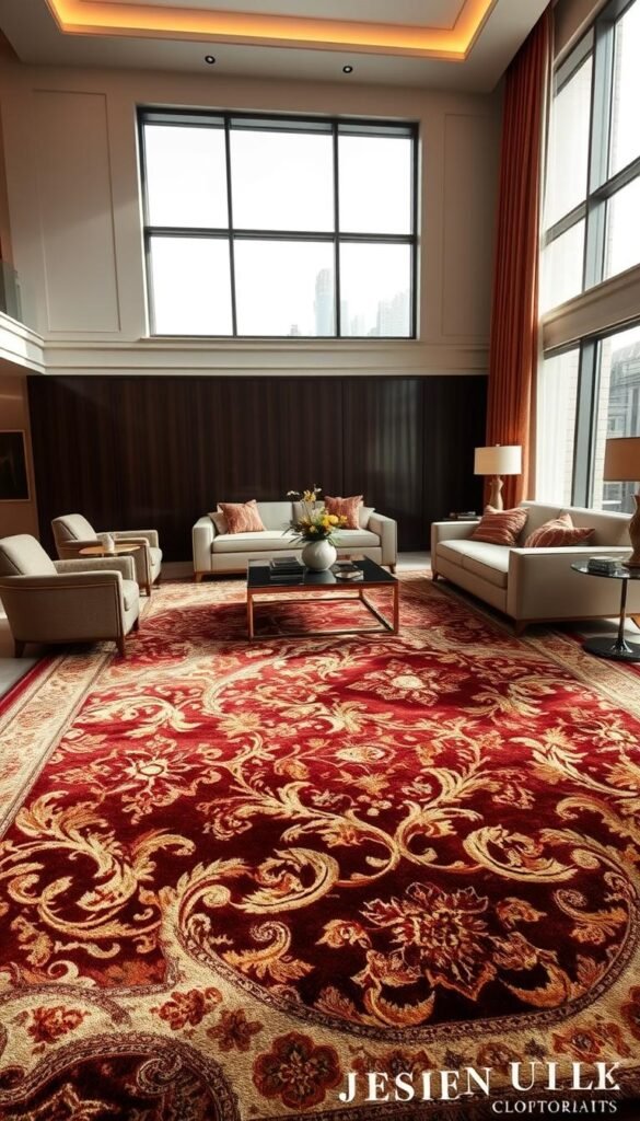 A luxurious living room with a stunning, plush area rug as the centerpiece. The rug features a rich, ornate pattern in shades of burgundy, gold, and ivory, exuding an air of opulence and sophistication. Soft, warm lighting casts a gentle glow, creating a cozy and inviting atmosphere. The room is furnished with elegant, high-end pieces, including a sumptuous sofa, armchairs, and a sleek coffee table. Large windows allow natural light to filter in, enhancing the room's luxurious ambiance. The overall scene evokes a sense of refined elegance and indulgence, perfectly capturing the essence of a luxury living room that deserves a lavish area rug.