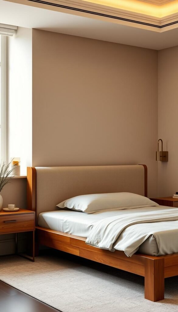 A luxurious, minimalist bed frame and headboard set against a softly lit, neutral-toned bedroom interior. The frame is crafted from warm-toned, high-quality wood with clean lines and subtle accents, complemented by a plush, upholstered headboard in a muted, natural fabric. Diffuse, golden lighting from sconces and a large window creates a calming, relaxing atmosphere, highlighting the elegant simplicity of the furniture. The overall scene evokes a sense of refined, understated luxury, perfectly suited for the "Quiet Luxury" section of the article.