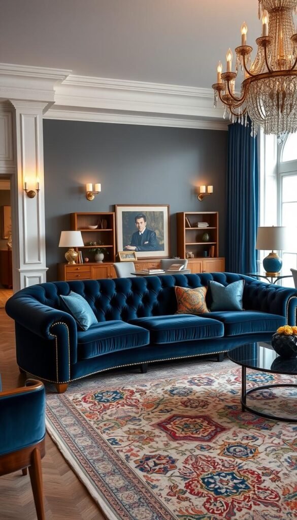 A luxurious navy blue maximalist sofa sits prominently in a spacious living room, blending modern and classic styles. The plush, deep-tufted upholstery is accented by gold-tone hardware and complemented by a mix of mid-century modern and traditional wood furnishings. Diffused, warm lighting from sconces and a large chandelier casts a cozy glow, highlighting the rich textures of the velvet and leather accents. Ornate throw pillows in complementary jewel tones add depth and visual interest, while a large, ornate area rug grounds the eclectic scene. The overall atmosphere evokes an elegant, opulent yet comfortable living space.