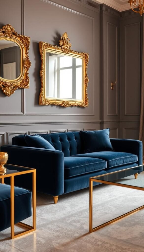 A luxurious navy blue sofa sits in a spacious, well-lit living room. Gleaming gold accents adorn the room, from the ornate mirror frame on the wall to the sleek metallic legs of a coffee table in the foreground. Soft, warm lighting casts a flattering glow, highlighting the rich textures and sheen of the gilded details. The overall atmosphere is one of understated elegance and refined sophistication, perfectly complementing the deep, velvety hue of the sofa.