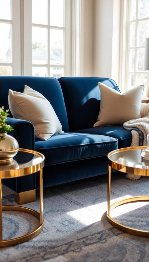 A luxurious navy blue sofa sits in a warm, sunlit living room. Gleaming gold accent tables flank the sofa, their sleek metallic surfaces reflecting the soft natural light streaming through large windows. Carefully placed decorative accessories, such as plush pillows and a cozy throw blanket, complement the sophisticated color palette. The room exudes an elegant, refined atmosphere, creating a welcoming and inviting space. A high-quality wide-angle lens captures the scene, showcasing the harmonious balance of the navy blue and gold elements. The overall composition evokes a sense of timeless style and sophistication.