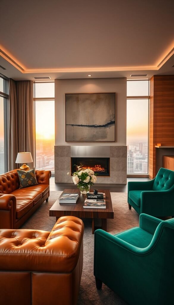 A luxurious penthouse living room, bathed in warm, ambient lighting that casts a soft, inviting glow. In the foreground, an exquisite leather Chesterfield sofa in a rich camel hue, complemented by a pair of plush, velvet armchairs in a deep emerald green. A polished, walnut-finished coffee table takes center stage, adorned with a stylish vase of fresh flowers and a selection of high-end design magazines. In the middle ground, a stunning, minimalist fireplace mantel in brushed steel frames the scene, while a large, abstract artwork in muted tones adds a touch of sophistication. The background features floor-to-ceiling windows, offering a breathtaking cityscape view, with the warm glow of the setting sun casting a golden hue throughout the space.