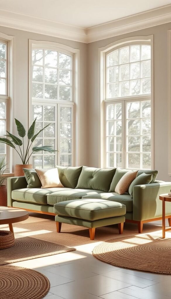 A luxurious sage green statement sofa stands majestically in a bright, airy living room. Sunlight streams through large windows, casting a warm glow on the plush, velvet upholstery. The sofa's clean lines and minimal design create a focal point, anchoring the space with a serene and sophisticated ambiance. Meticulously crafted, the sofa's deep, comfortable cushions invite relaxation, while its sturdy wooden frame exudes a timeless quality. Surrounding the sofa, a neutral color palette and natural textures, such as woven rugs and wooden accents, complement the sage green hue, creating a harmonious and inviting atmosphere.