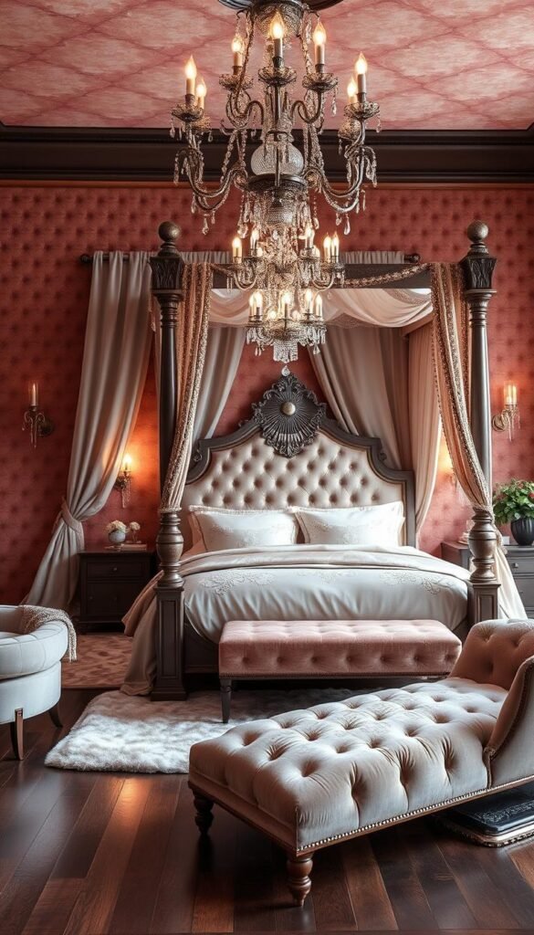 A luxurious, textured bedroom design with a soft, feminine aesthetic. Plush, tufted velvet in a soft, dusty rose hue covers the walls, creating a cozy and inviting ambiance. Layered fabrics, including a sumptuous silk duvet and sheer, flowing curtains, add depth and visual interest. The focal point is a grand, four-poster bed adorned with intricate embroidery and delicate trims. Soft, ambient lighting from crystal chandeliers and wall sconces casts a warm, romantic glow. The hardwood floors are covered in a lush, vintage-inspired area rug, while a small seating area with a velvet chaise invites relaxation. The overall effect is a serene, opulent retreat that seamlessly blends classic elegance with a modern, feminine touch.