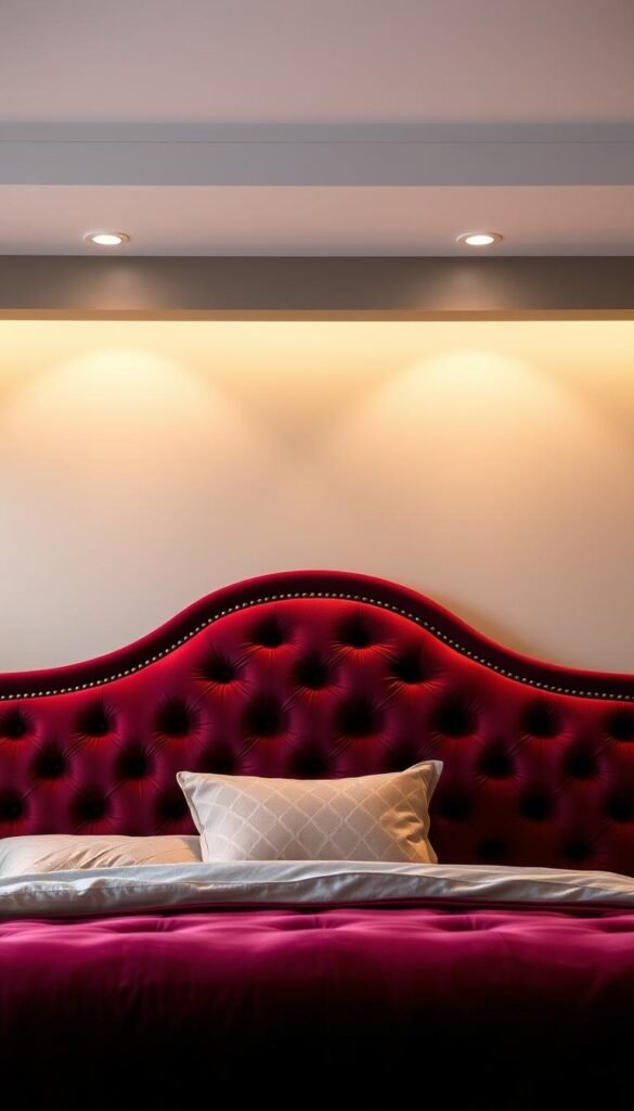 A luxurious velvet headboard with a plush, sumptuous texture dominates the center of the frame. The headboard is crafted with intricate tufting and a deep, rich burgundy hue that exudes an air of opulence. Soft, diffused lighting from above casts a warm, gentle glow, creating a cozy and inviting atmosphere. In the background, a muted, neutral-toned wall provides a serene backdrop, allowing the headboard to truly shine as the focal point of the bedroom. The overall composition emphasizes the headboard's striking design, capturing its statement-making presence and the refined elegance it brings to the space.