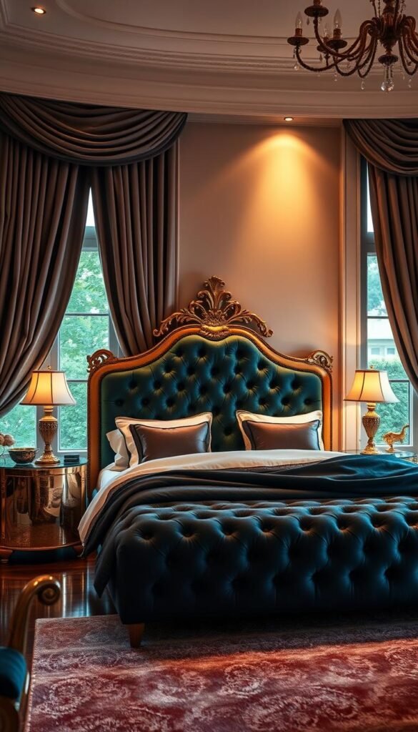 A luxurious, well-appointed glam bedroom with opulent details. Soft, ambient lighting casts a warm glow, creating an inviting and intimate atmosphere. Plush, tufted velvet upholstery in a rich jewel-tone color adorns the bed frame, accented by an ornate, gilded headboard. Lush, flowing draperies frame large windows, letting in just the right amount of natural light. On the nightstands, gleaming metallic lamps with soft, dimmable bulbs add a touch of elegance. Sumptuous, high-quality linens, throw pillows, and a shimmering, metallic-threaded area rug complete the lavish, indulgent aesthetic.