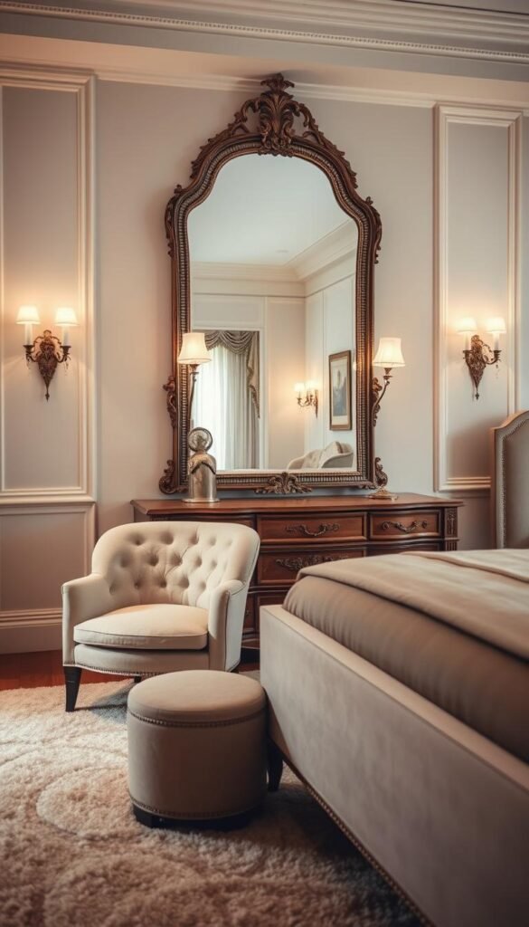 A luxuriously appointed bedroom with strategic mirror placement for an elegant, refined ambiance. The focal point is a large, ornate mirror situated above a wooden dresser, casting a warm, inviting glow throughout the space. Delicate lighting fixtures flank the mirror, creating a soft, diffused illumination. In the foreground, a plush, tufted armchair sits adjacent to the dresser, inviting moments of leisurely contemplation. The middle ground features a plush, neutral-toned area rug and a low-profile, upholstered bed frame, creating a balanced, harmonious composition. The background showcases tasteful wall decor, such as framed artwork or wall sconces, elevating the overall sense of sophistication and refinement.